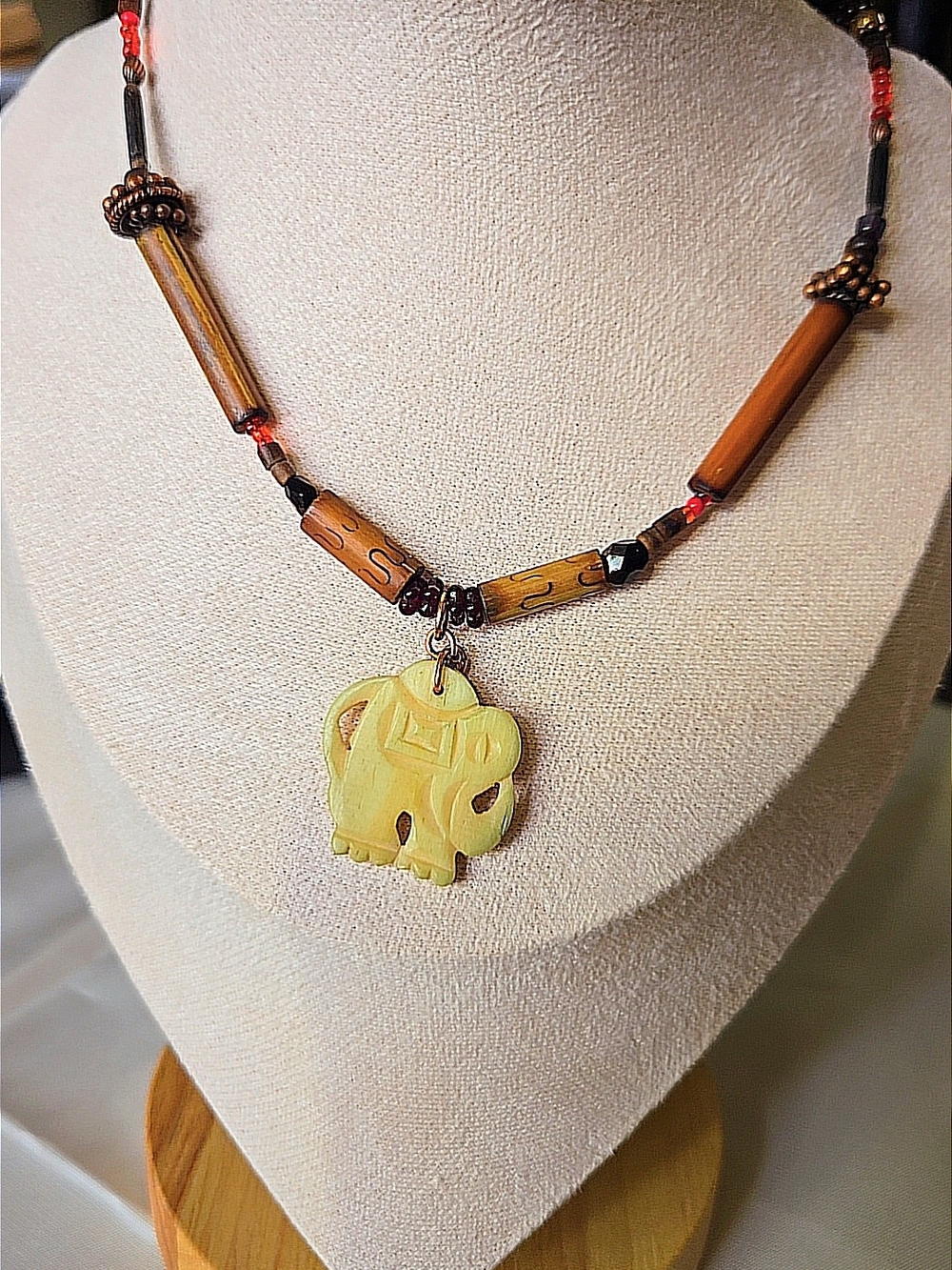 Handcrafted Ivory Color Carved Elephant Pendant Necklace -